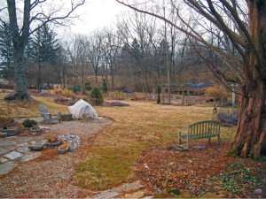 March:  the quiescent garden – plastic covered object is an Earth oven protected for the winter.